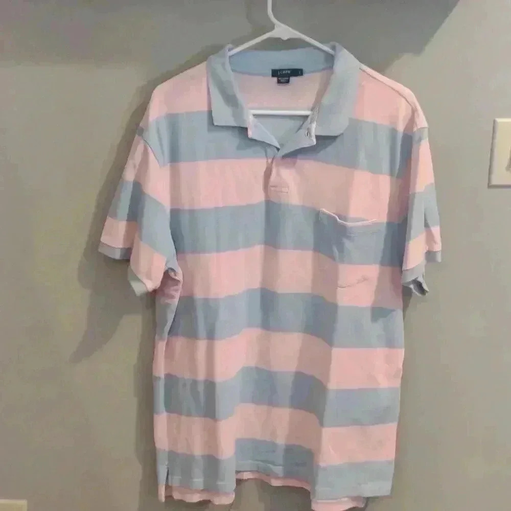 J Crew mens pink/blue stripe 2 button polo short sleeve shirt 100% cotton xlarge